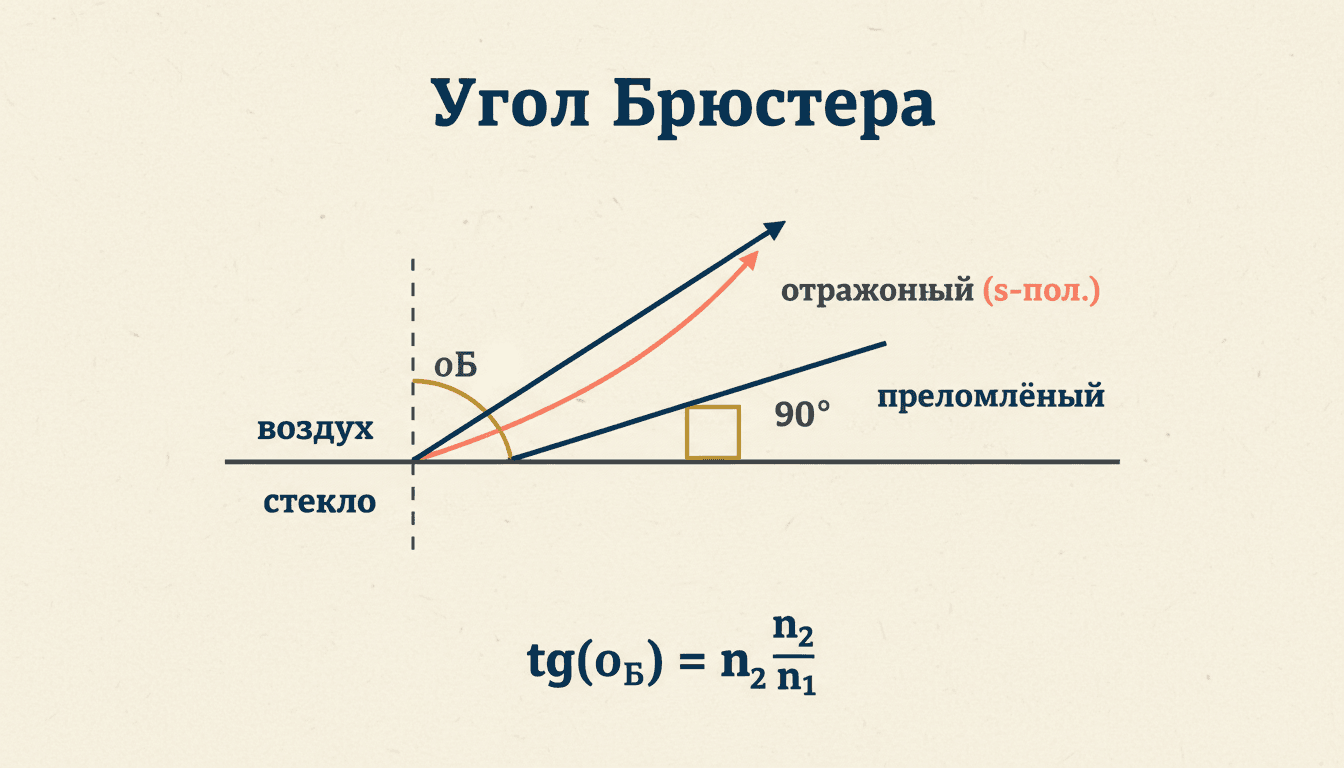 Поляризация Брюстера: угол полного исчезновения отражённой p-компоненты