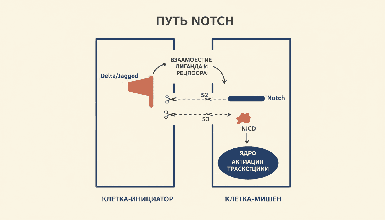 Путь Notch сигнальный: лиганды, протеолиз, NICD и латеральное ингибирование