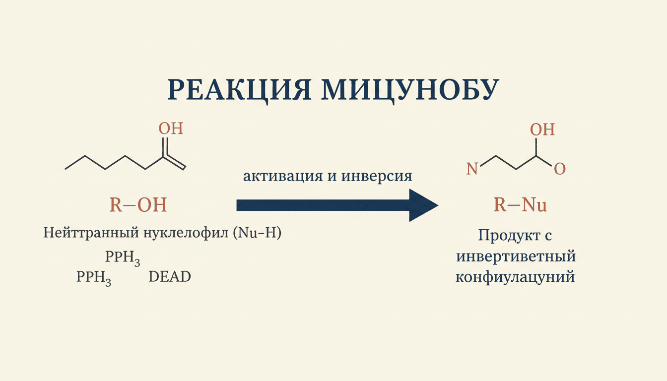 Реакция Мицунобу: механизм через PPh3 и DEAD без потери стереохимии