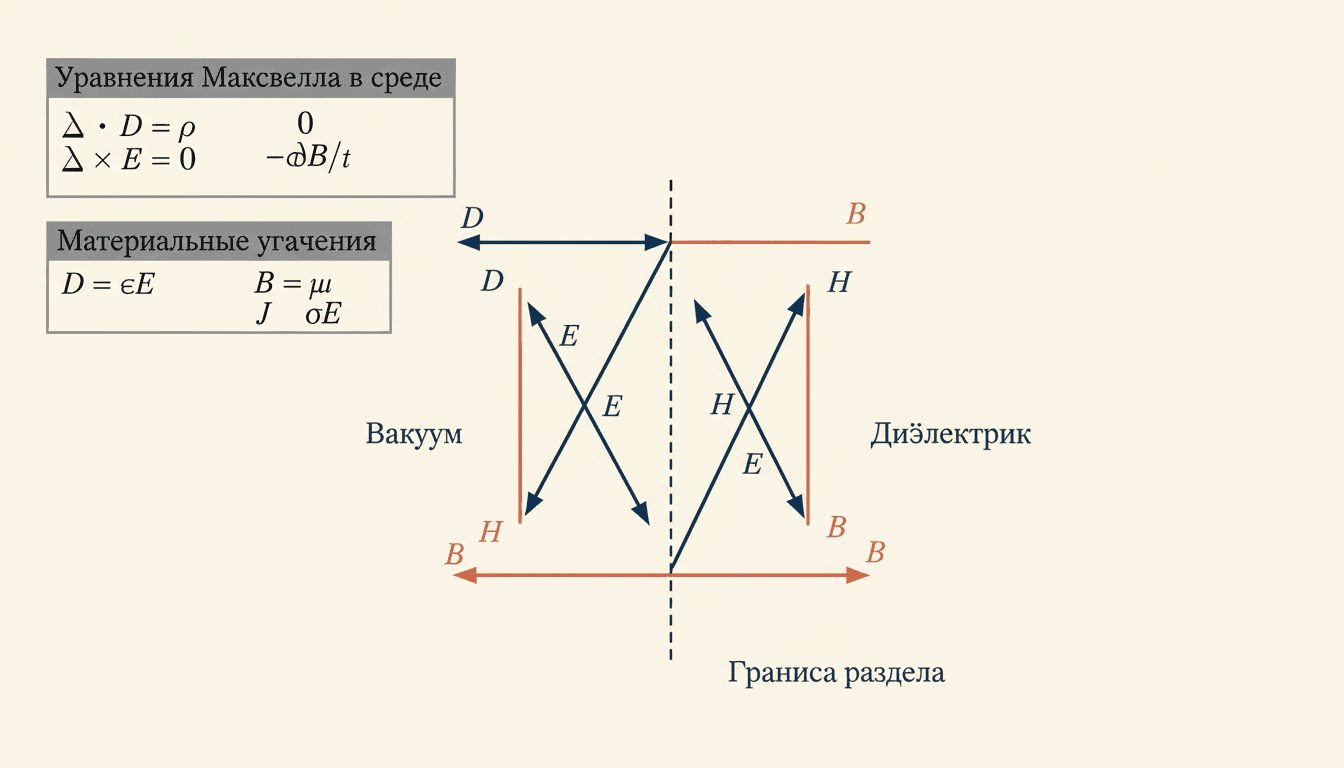 Уравнения Максвелла в среде: материальные уравнения и поля D, H