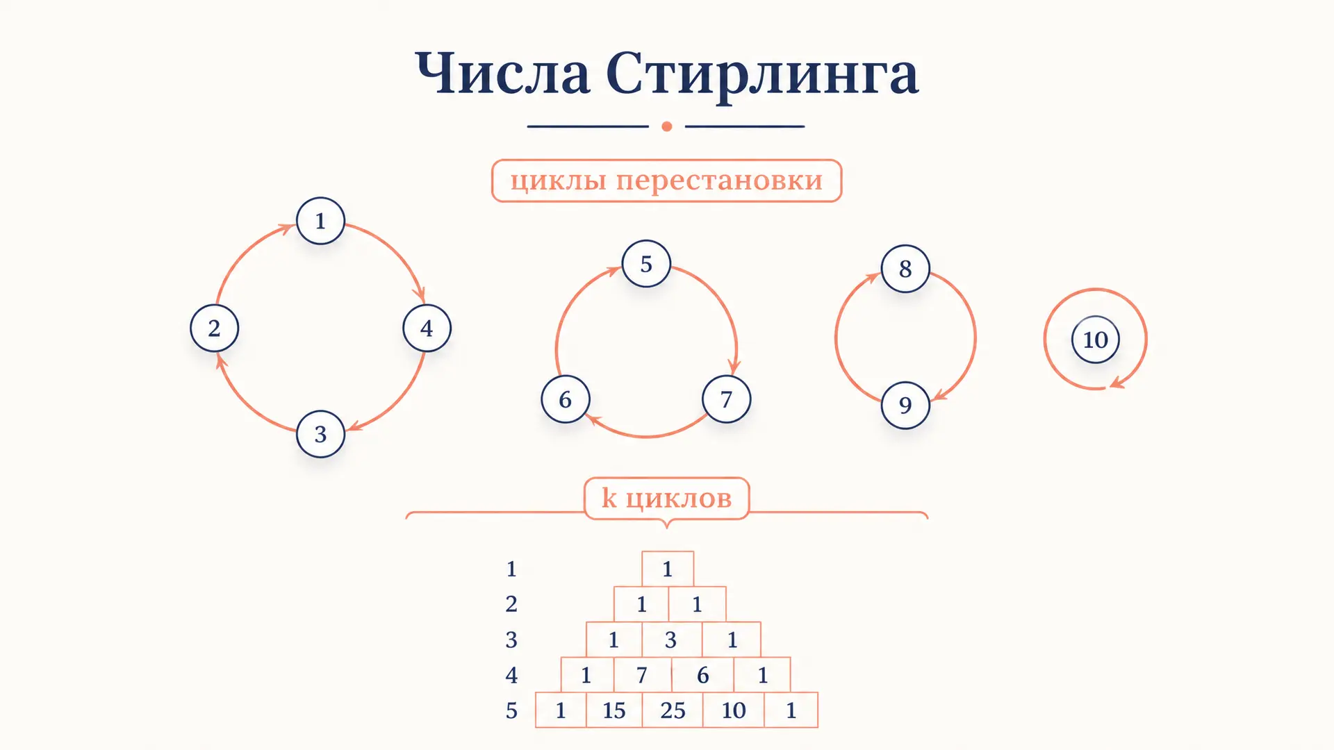 Числа Стирлинга первого рода: перестановки и циклы