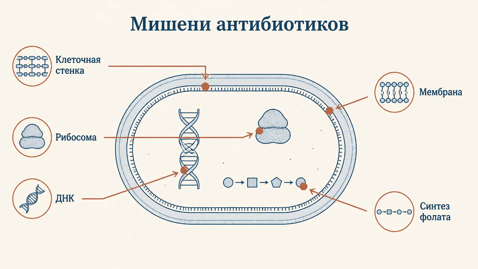 Механизм действия антибиотиков: мишени в клетке