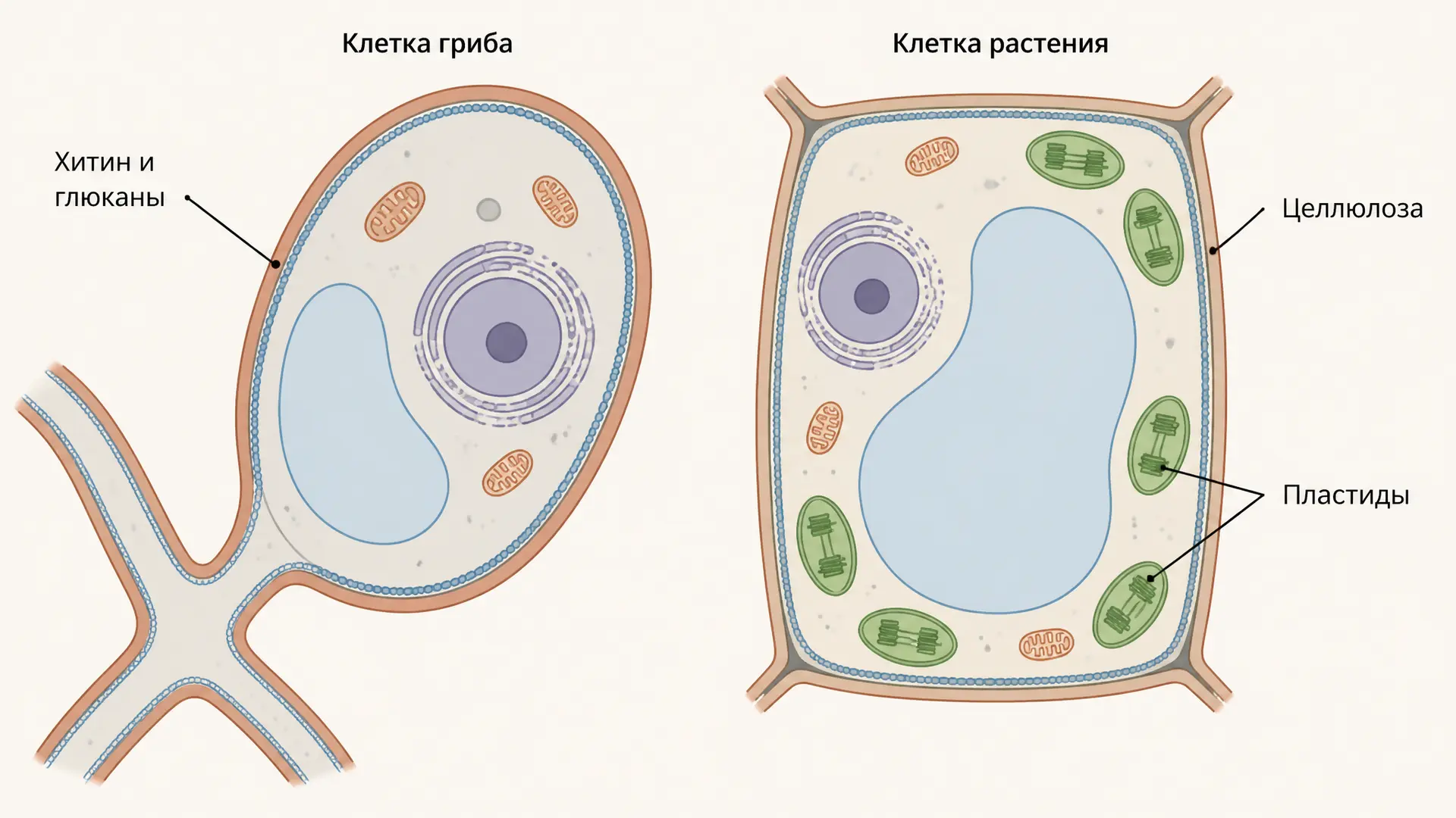 Сравнение клеток грибов и растений