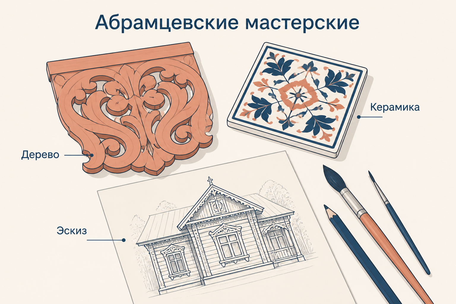 Керамическая мастерская Абрамцева: орнамент, глина и глазурованные формы на рабочем столе