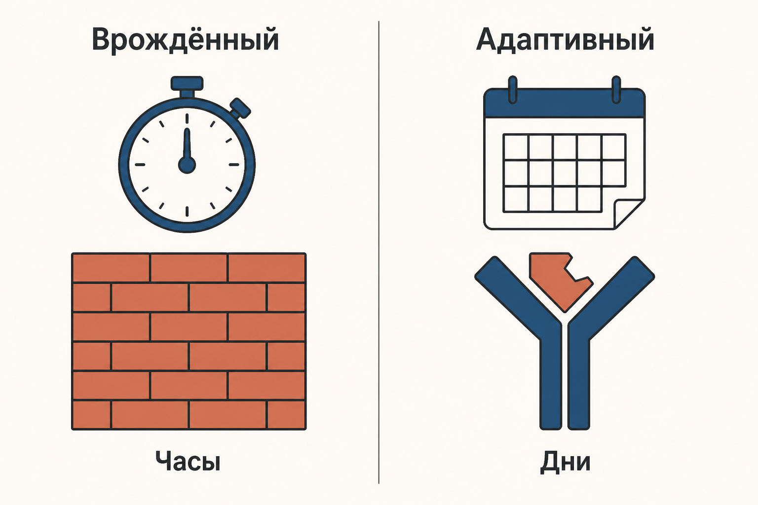 Сравнение врождённого и адаптивного иммунитета по скорости и специфичности