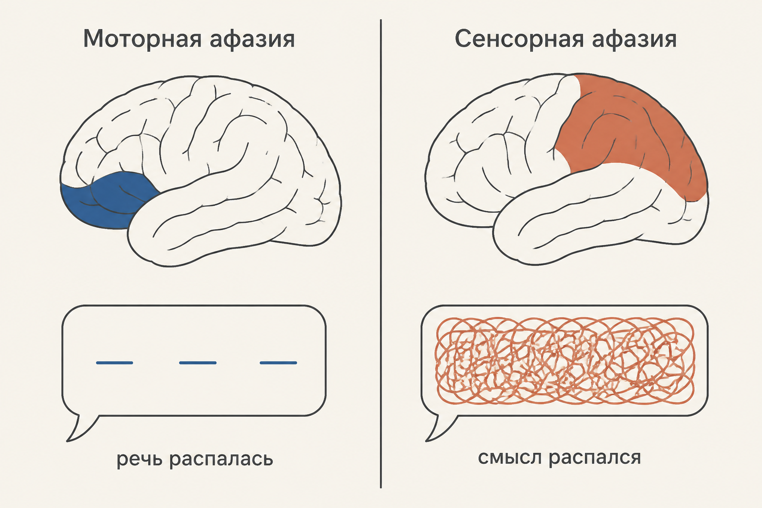 Моторная и сенсорная афазия: при переднем очаге распадается сама речь, при заднем - понимание смысла