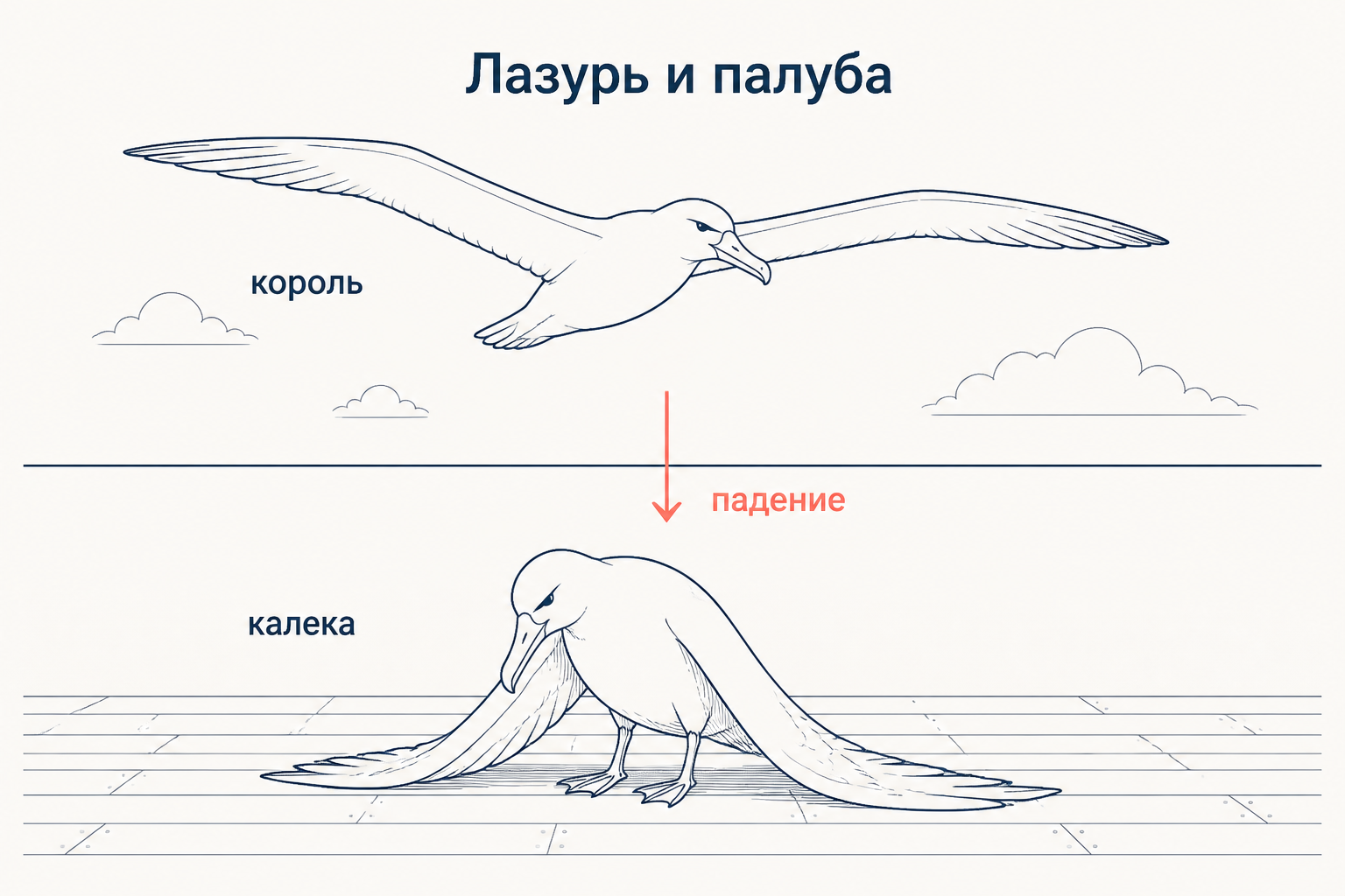 Схема антитезы: верхняя зона лазури с раскрытыми крыльями, нижняя зона палубы с волочащимися крыльями, стрелка падения между ними.
