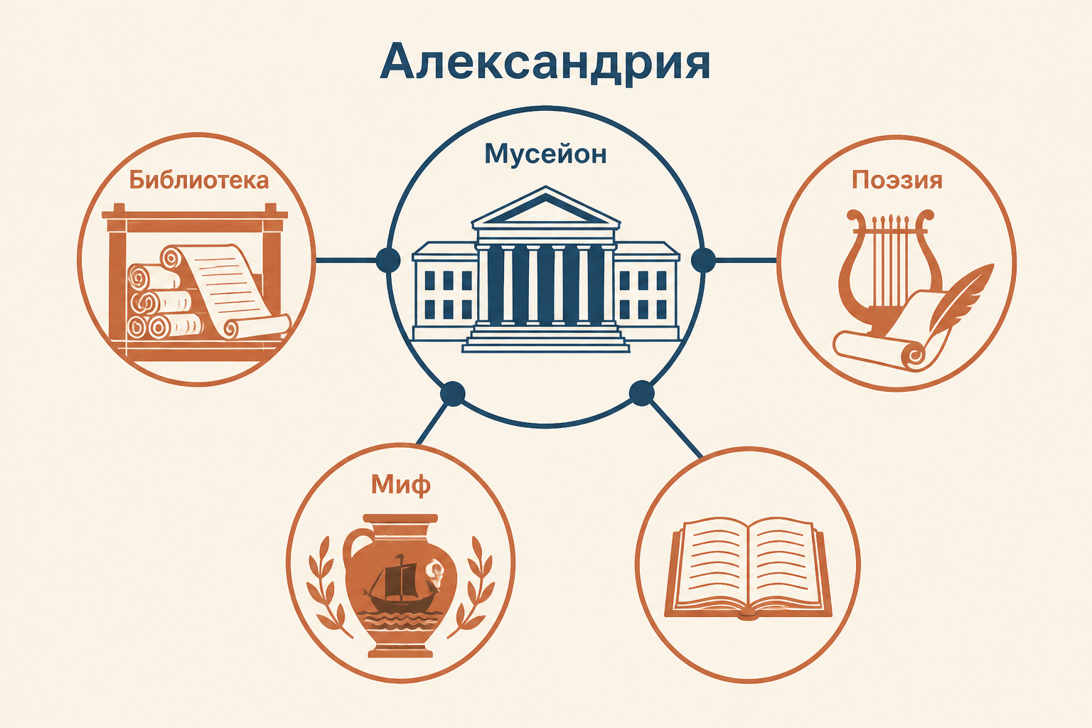 Схема связей Александрии, Мусейона, библиотеки, мифа и поэзии