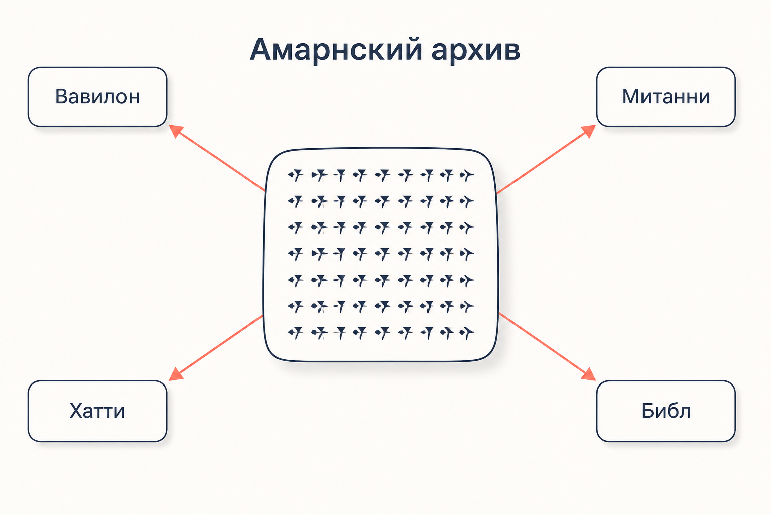 Схема амарнского архива: глиняная табличка с клинописью в центре и стрелки к державам Вавилон, Митанни, Хатти, Библ