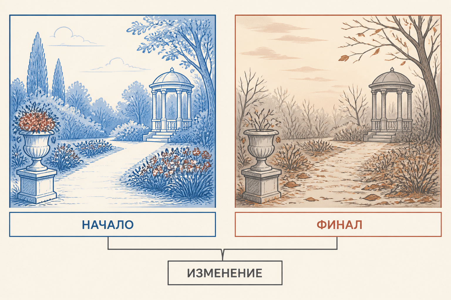 Сопоставление пейзажа в начале и финале произведения показывает композиционное изменение