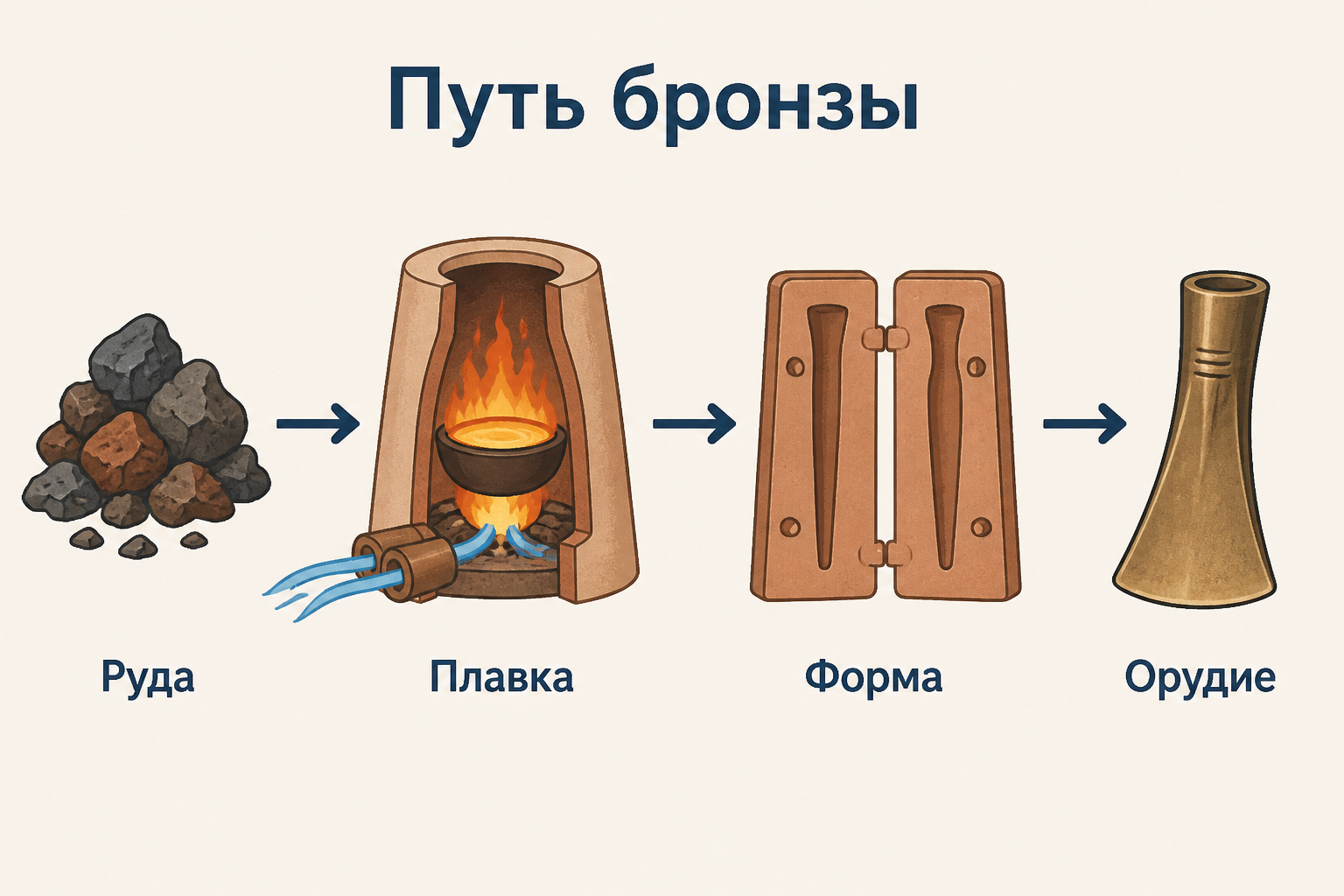 Схема бронзовой мастерской: руда, плавка, форма и готовое орудие