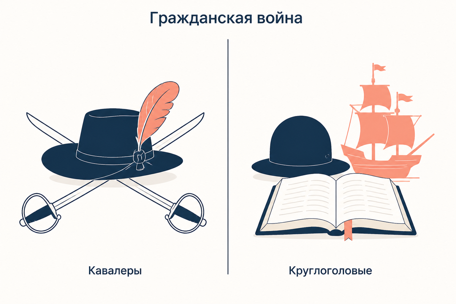 Схема противостояния кавалеров и круглоголовых в английской гражданской войне: на стороне короля аристократия, север и запад, на стороне парламента города, флот и Лондон