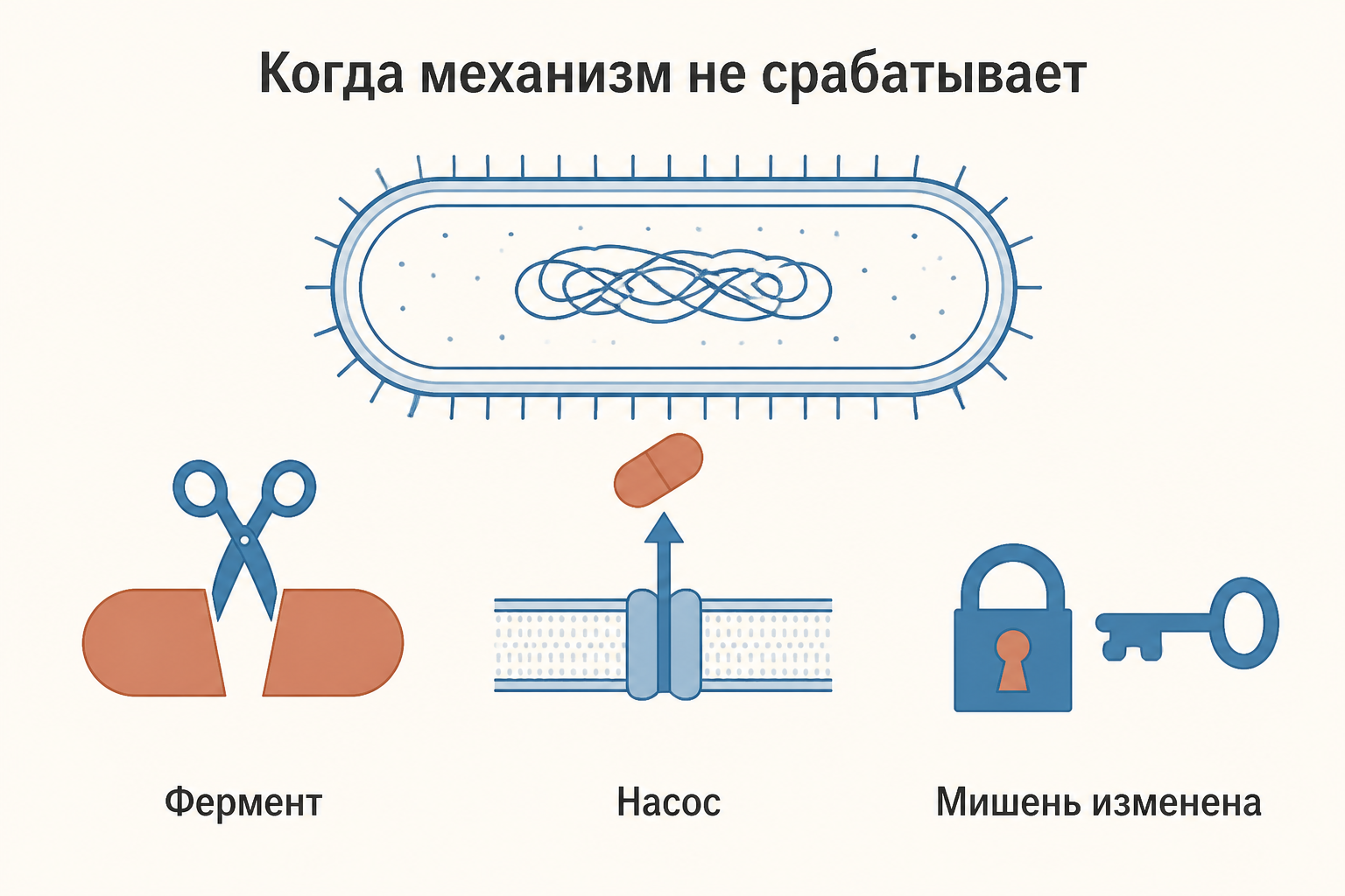 Три способа обойти механизм: фермент разрушает препарат, насос выбрасывает его наружу, мишень изменена