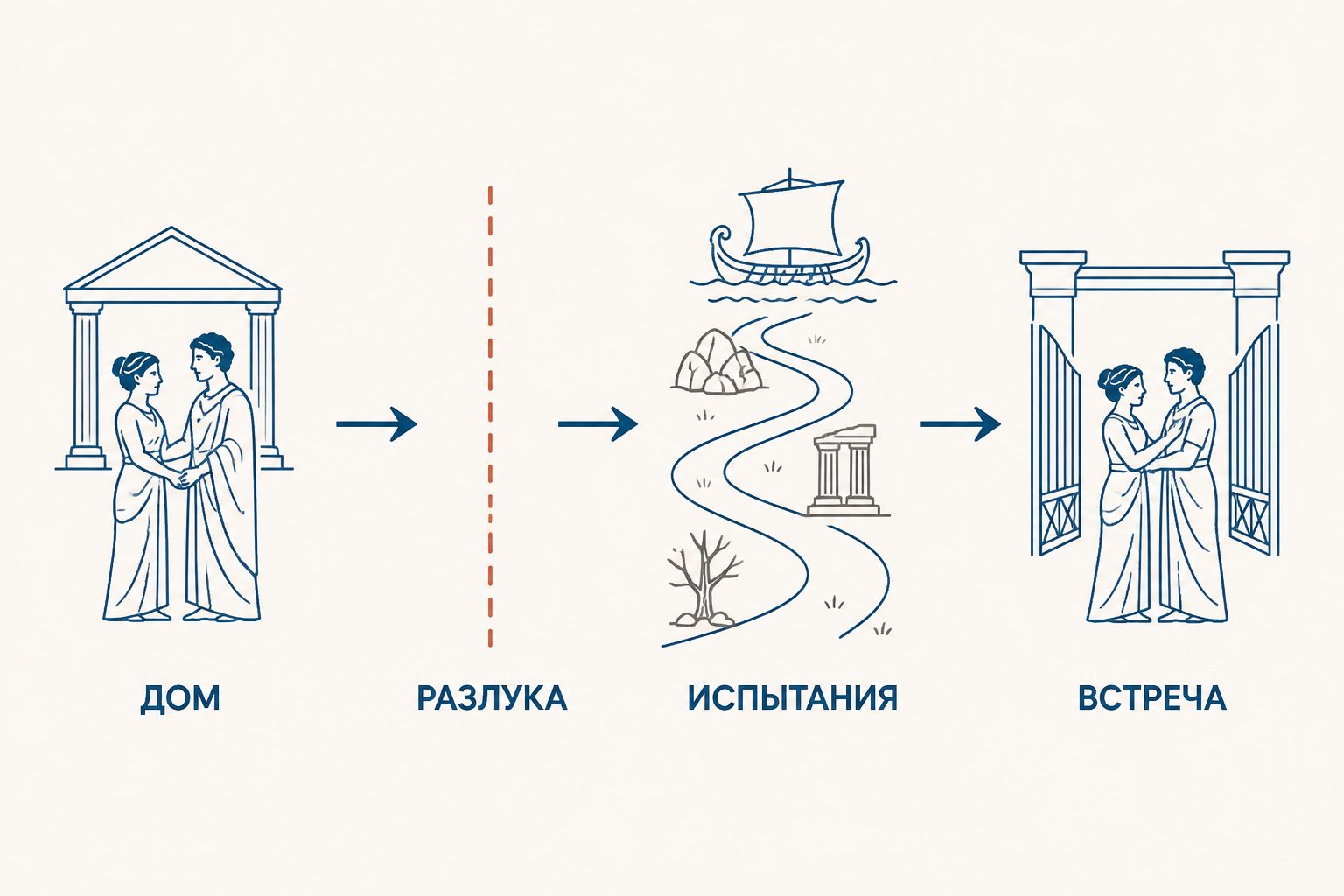 Схема признаков античного романа: любовь, дорога, испытания и узнавание