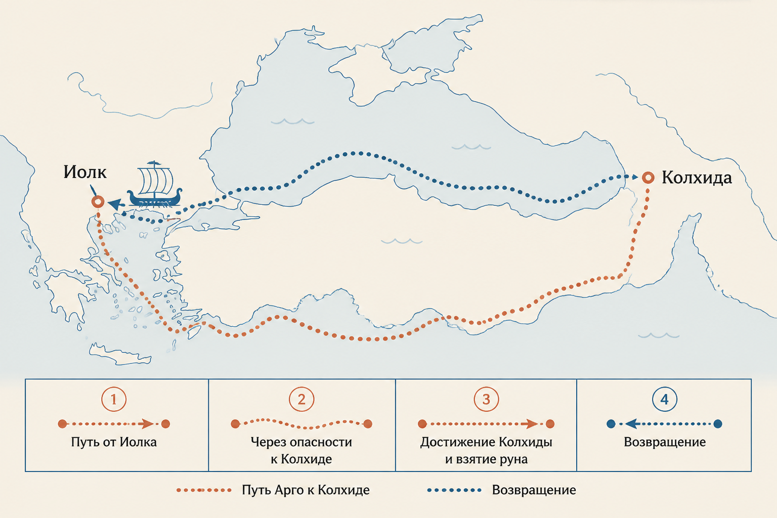 Карта плавания аргонавтов: Иолк, Колхида и возвращение по морю