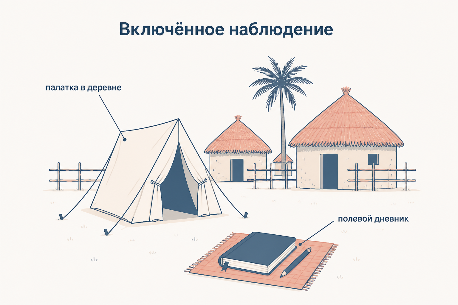 Палатка этнографа стоит посреди тробрианской деревни, рядом полевой дневник: так выглядит включённое наблюдение по Малиновскому