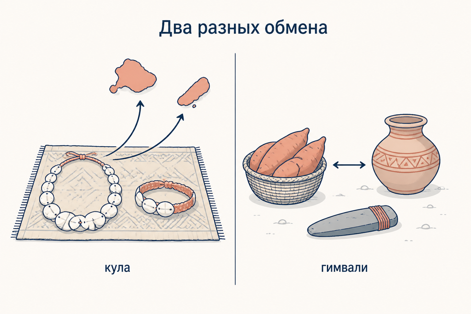 Два разных обмена: слева церемониальные раковинные ценности кула, справа бытовой бартер гимвали с ямсом, горшком и каменным лезвием