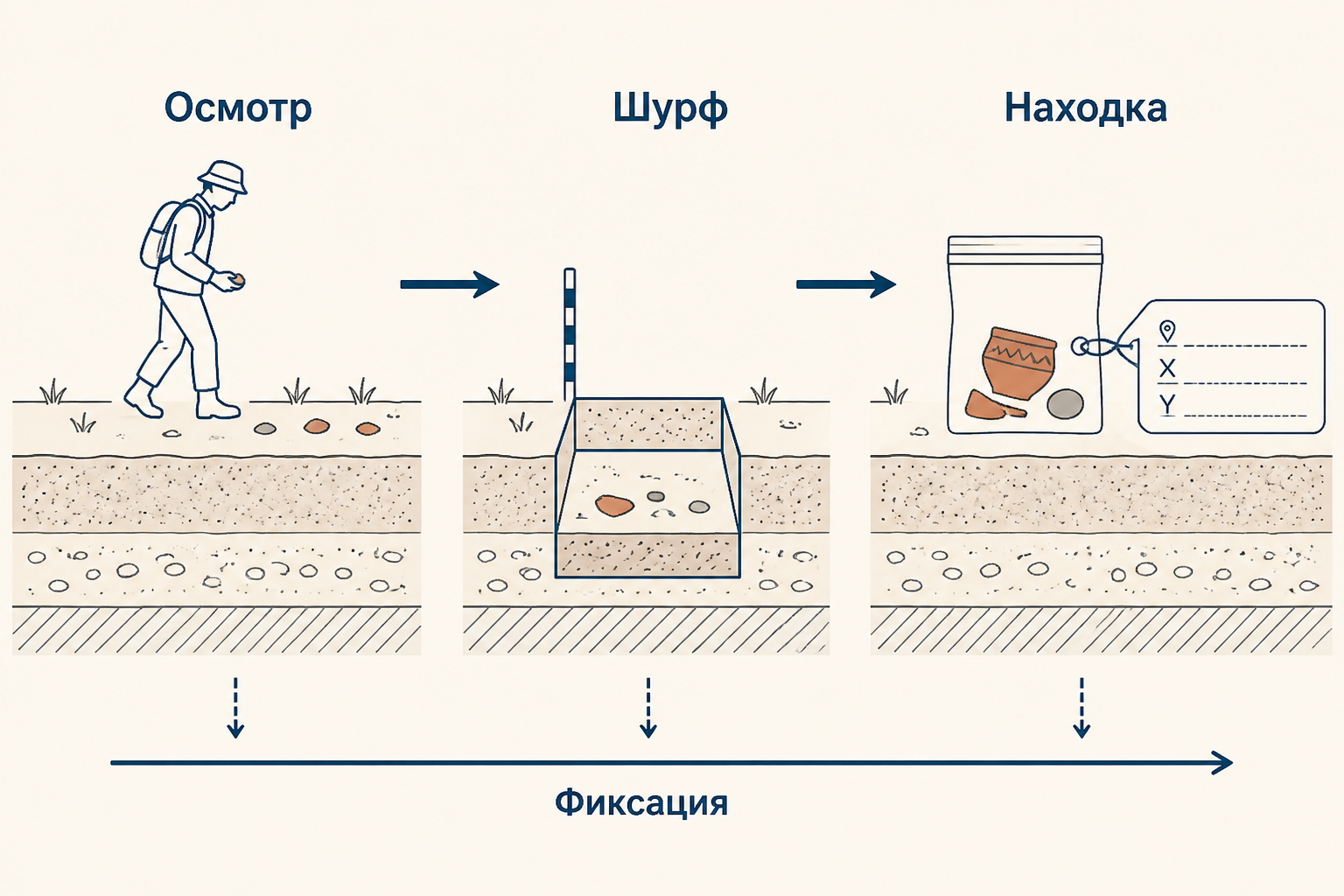 Три этапа археологической разведки: осмотр, шурф, находка и фиксация