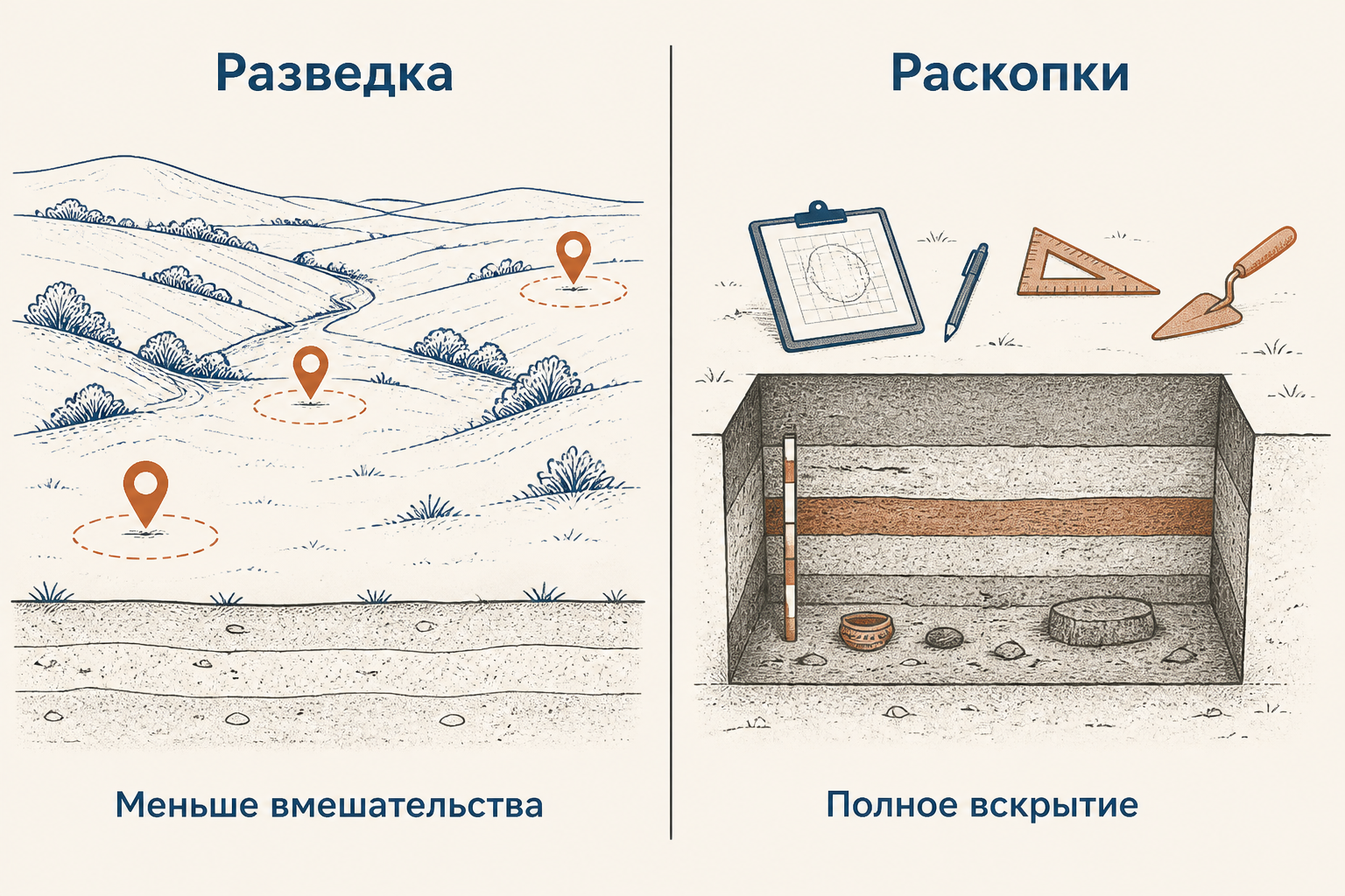 Сравнение археологической разведки и раскопок по масштабу и вмешательству