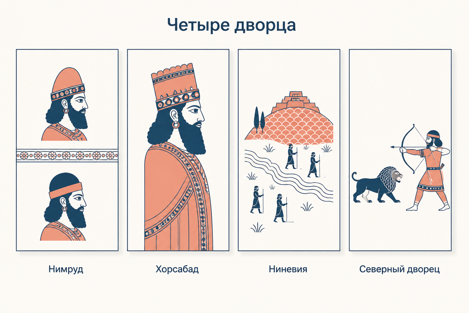 Схема четырёх дворцовых программ ассирийского рельефа с указанием городов и характерных сюжетов