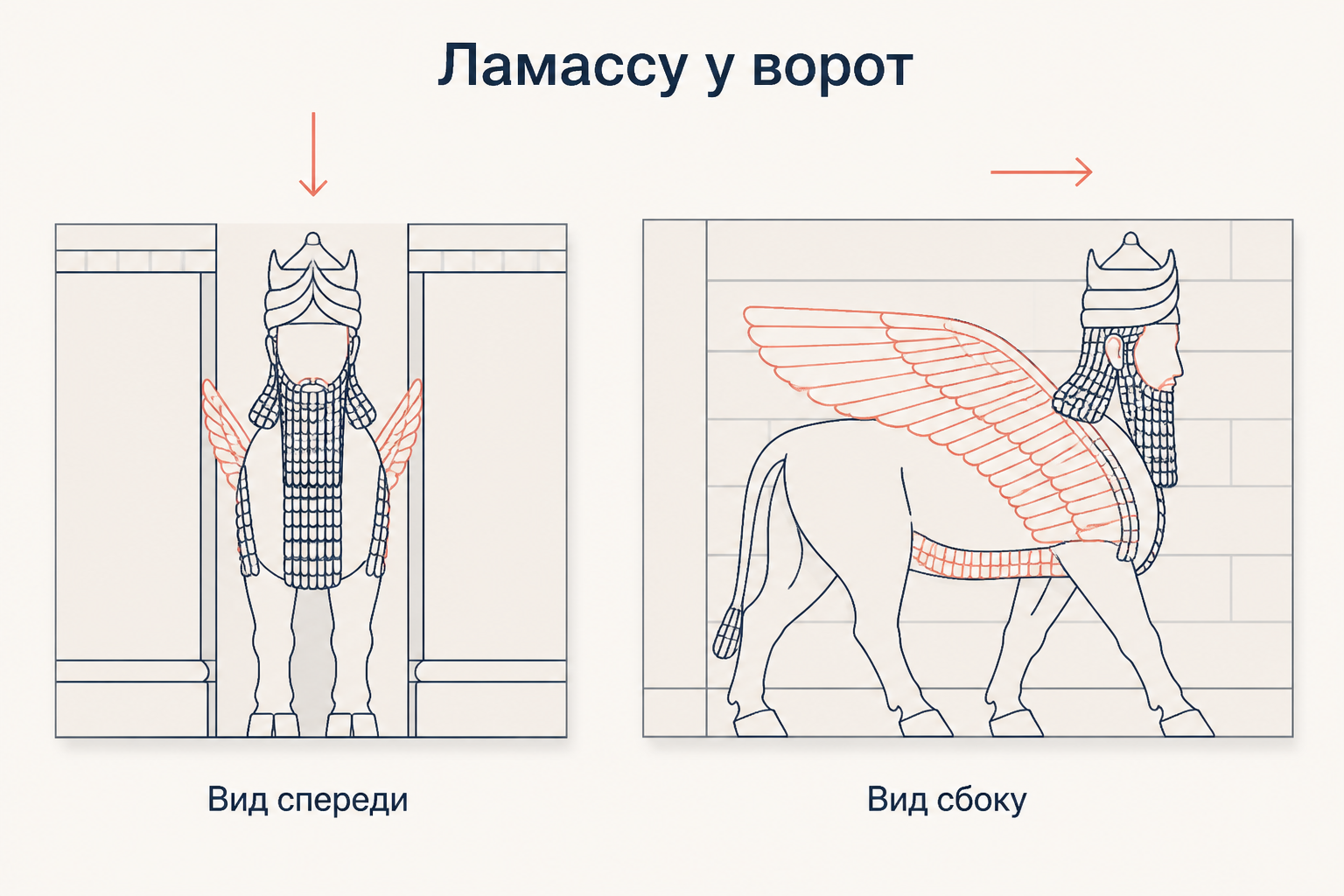 Ламассу у дворцовых ворот в двух ракурсах: фронтальный вид у фасада и профильный вид в проходе