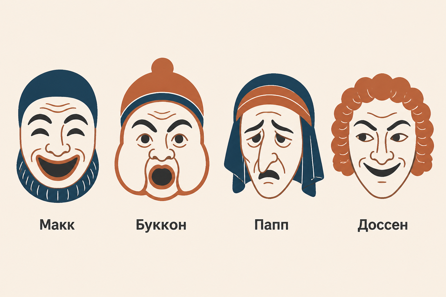 Четыре постоянные маски ателланы, ярлыки «Макк», «Буккон», «Папп», «Доссен»