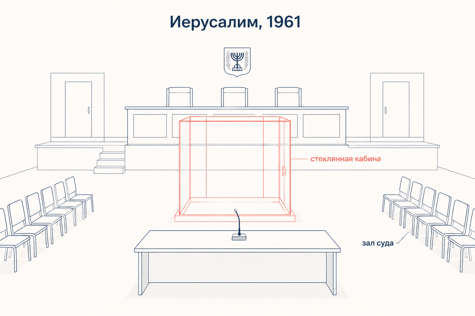 Схема зала суда в Иерусалиме: пустая стеклянная кабина подсудимого, стол с микрофоном и ряды кресел