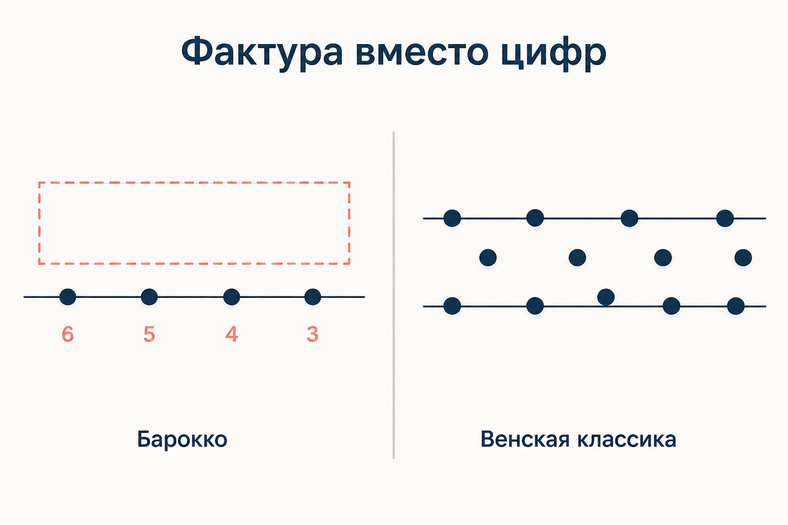 Слева барочный бас с цифрами и незаписанные верхние голоса, справа полностью выписанная фактура венской классики