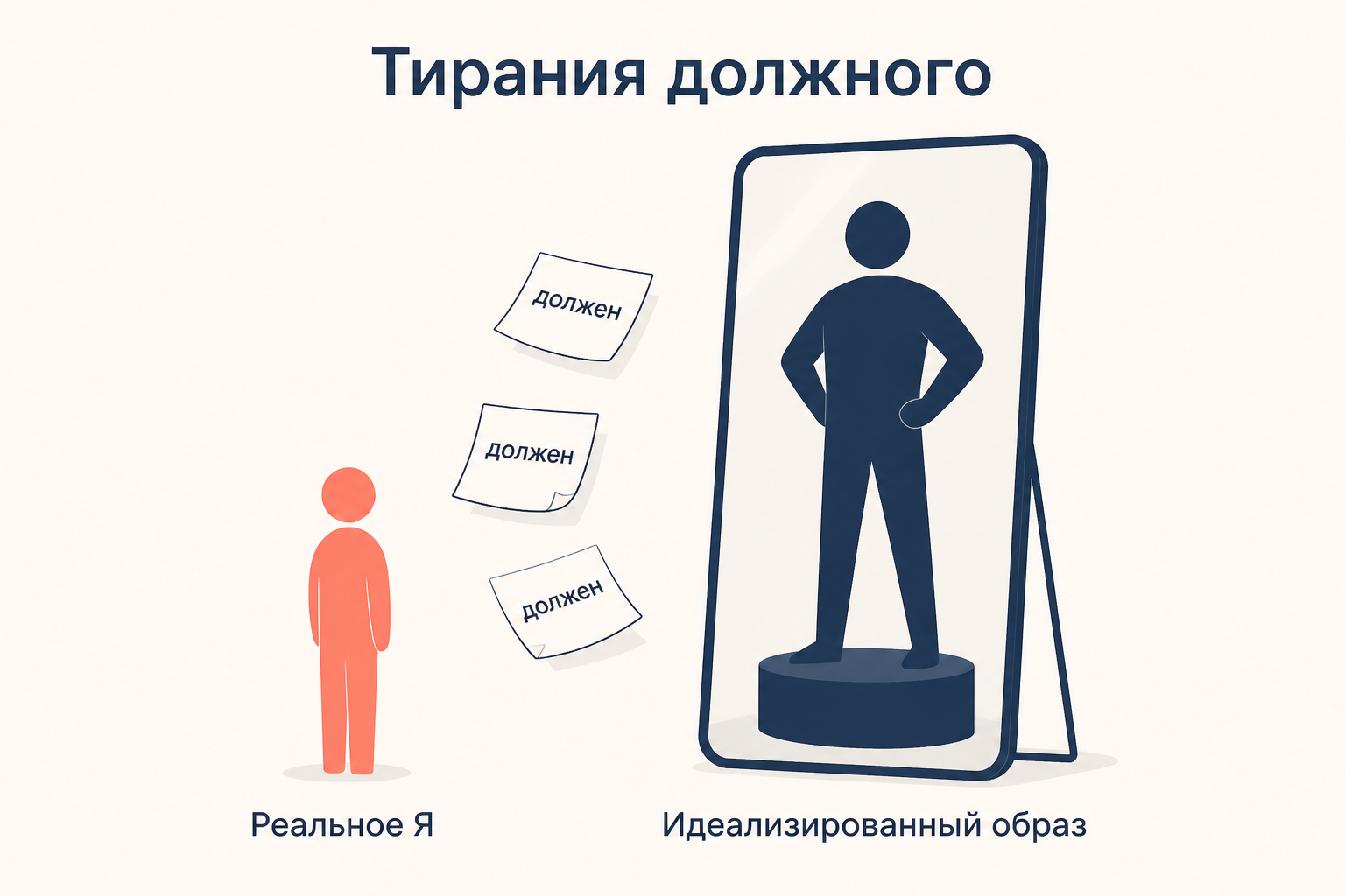 Реальное Я стоит перед зеркалом с идеализированным образом, между ними летят записки со словом «должен»