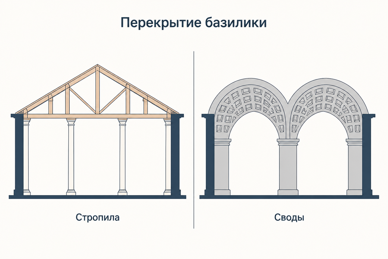 Два способа перекрытия римской базилики: лёгкие деревянные стропила на колоннах и массивные бетонные крестовые своды на пилонах