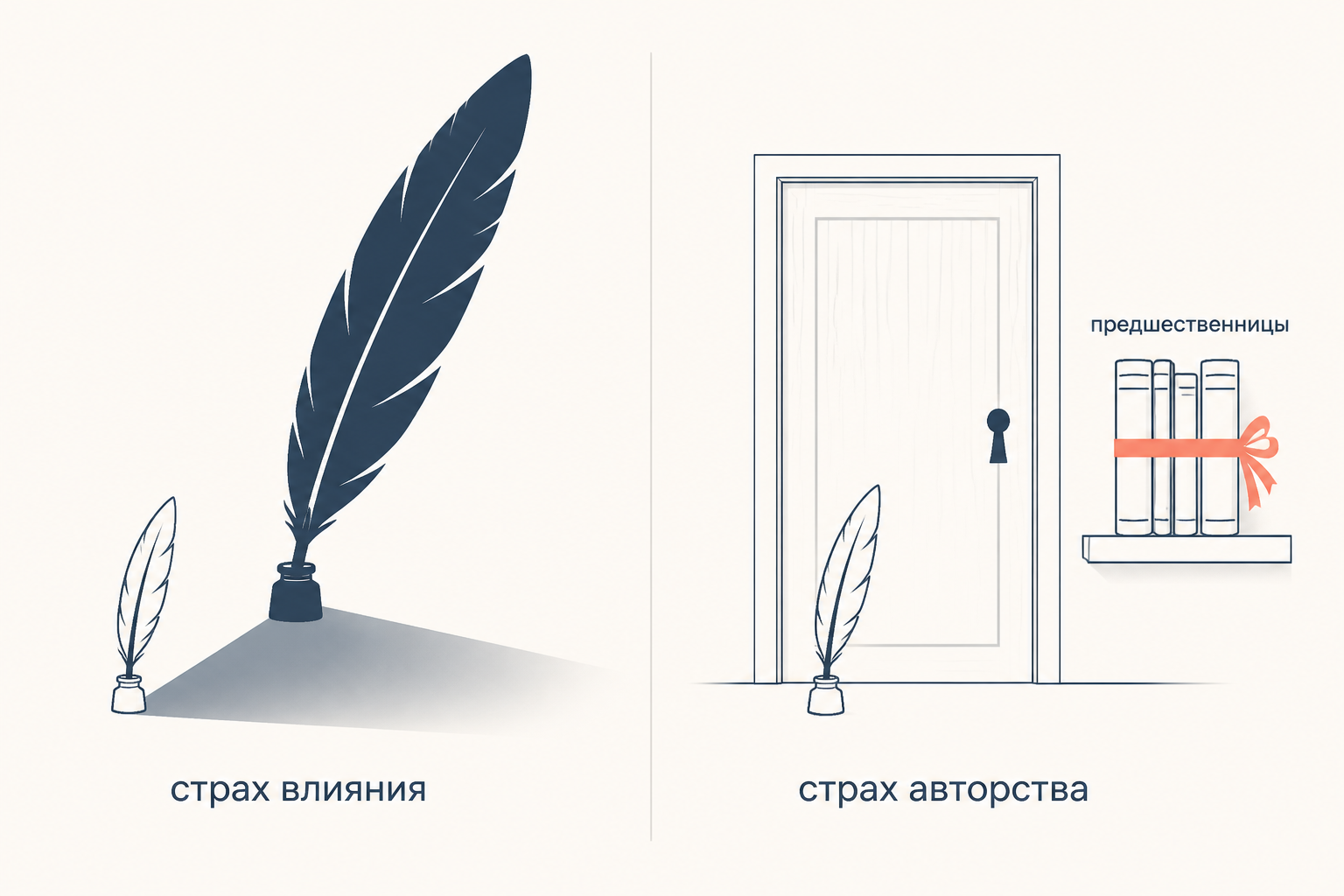 Две сцены: маленькое перо в тени огромного тёмного пера-предшественника и маленькое перо перед закрытой дверью рядом с перевязанными лентой книгами предшественниц