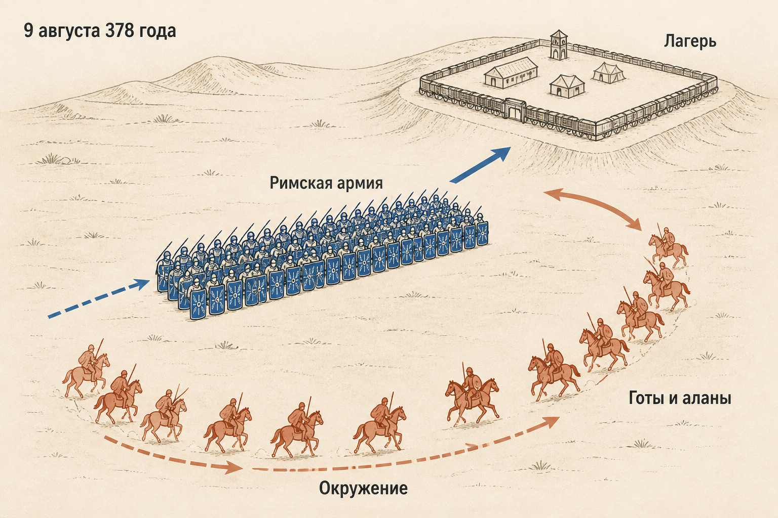Схема боя при Адрианополе: римская армия, лагерь и окружение