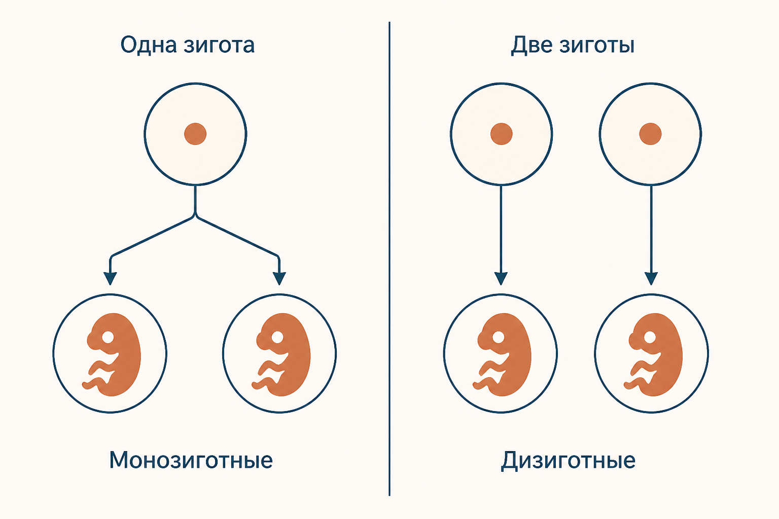 Две схемы происхождения близнецов: одна зигота разделяется и две разные зиготы развиваются параллельно