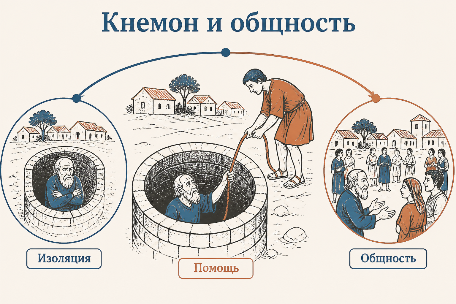 Кнемон у колодца принимает помощь Горгия, ярлыки «Изоляция», «Помощь», «Общность»