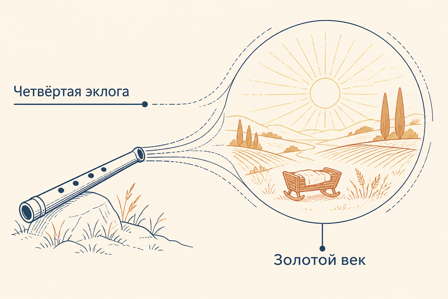 Переход от пастушьей свирели к сияющему кругу нового века: ребёнок обозначен только колыбелью, точные подписи «Золотой век» и «Четвёртая эклога»