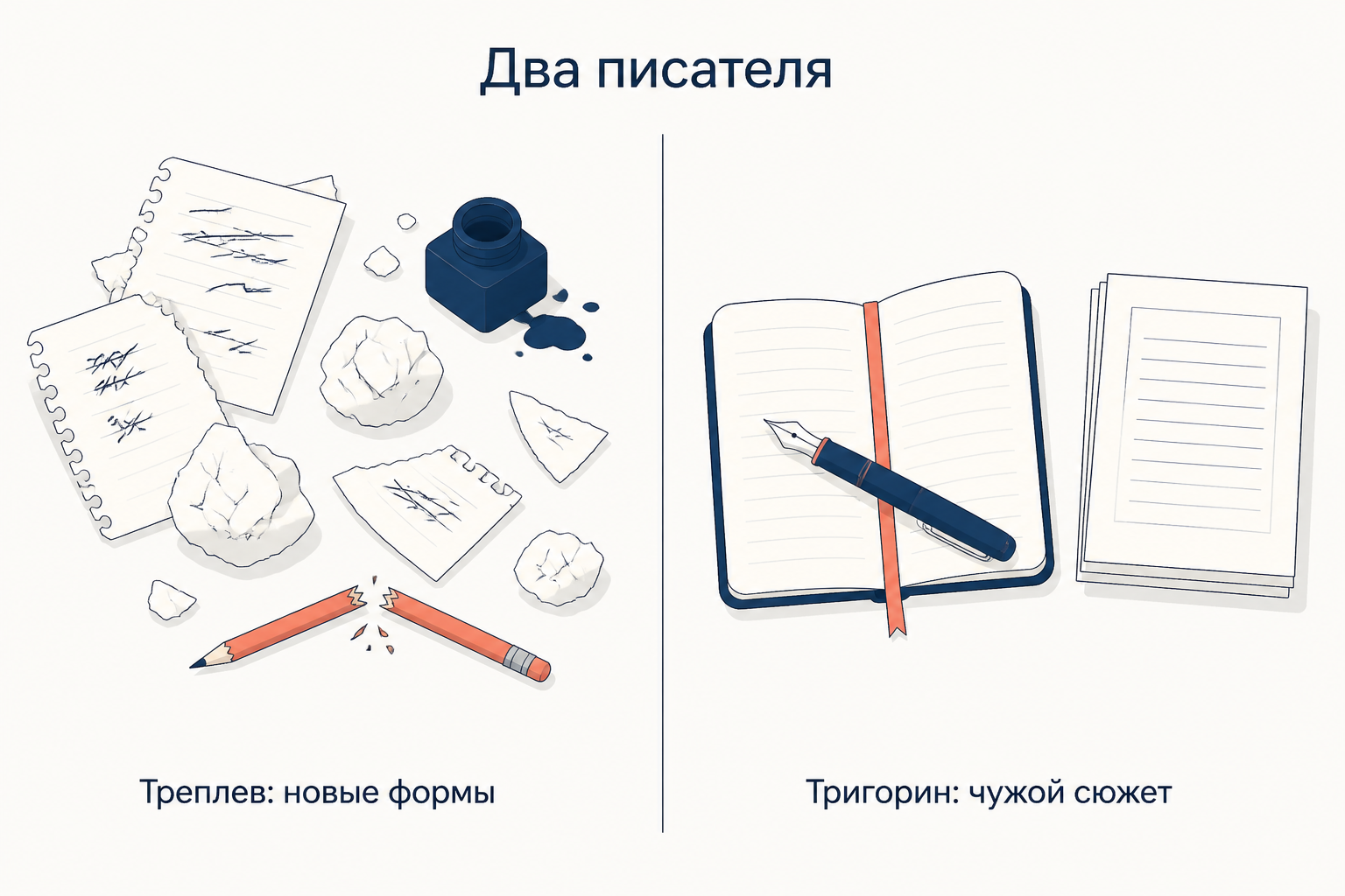 Сопоставление двух писателей: стол с разорванными черновиками и записная книжка с готовым сюжетом.