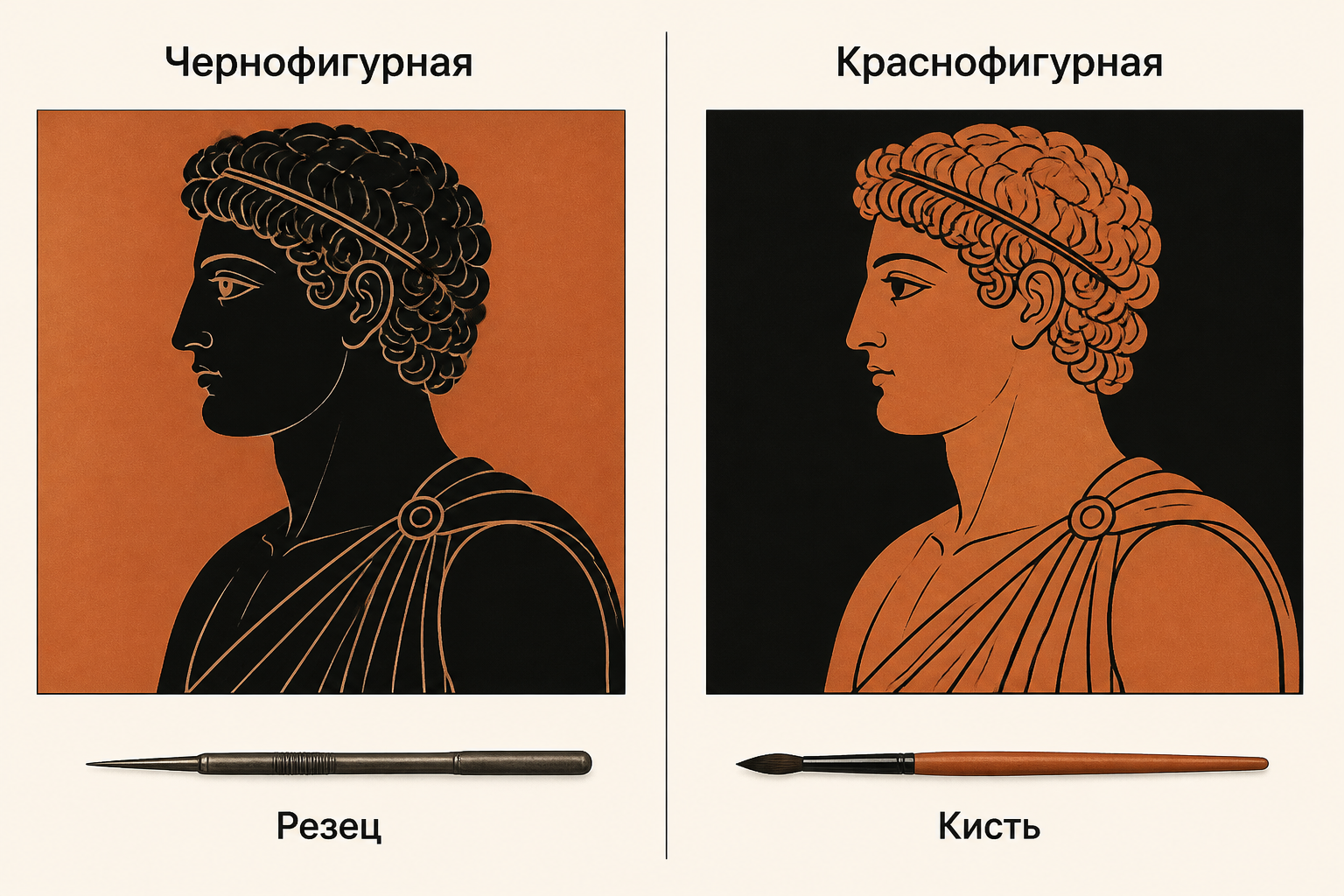 Сопоставление двух техник: слева силуэт с процарапкой резцом, справа резерв и линия кистью