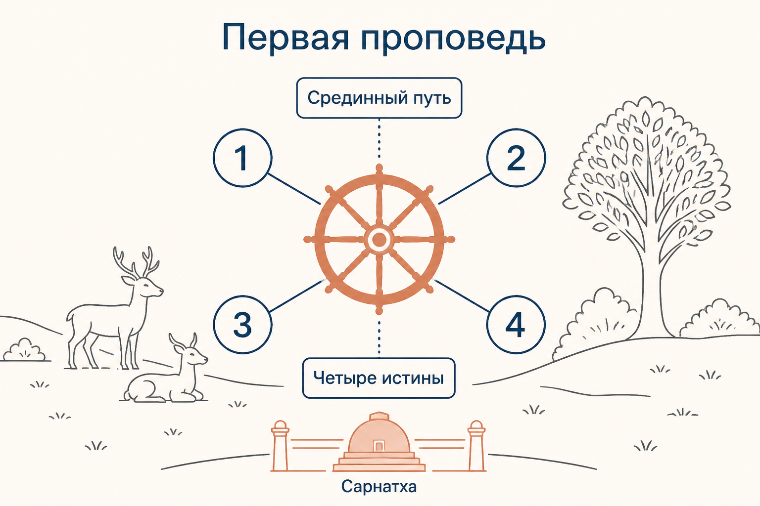 Схема первой проповеди в Сарнатхе: срединный путь ведёт к четырём истинам