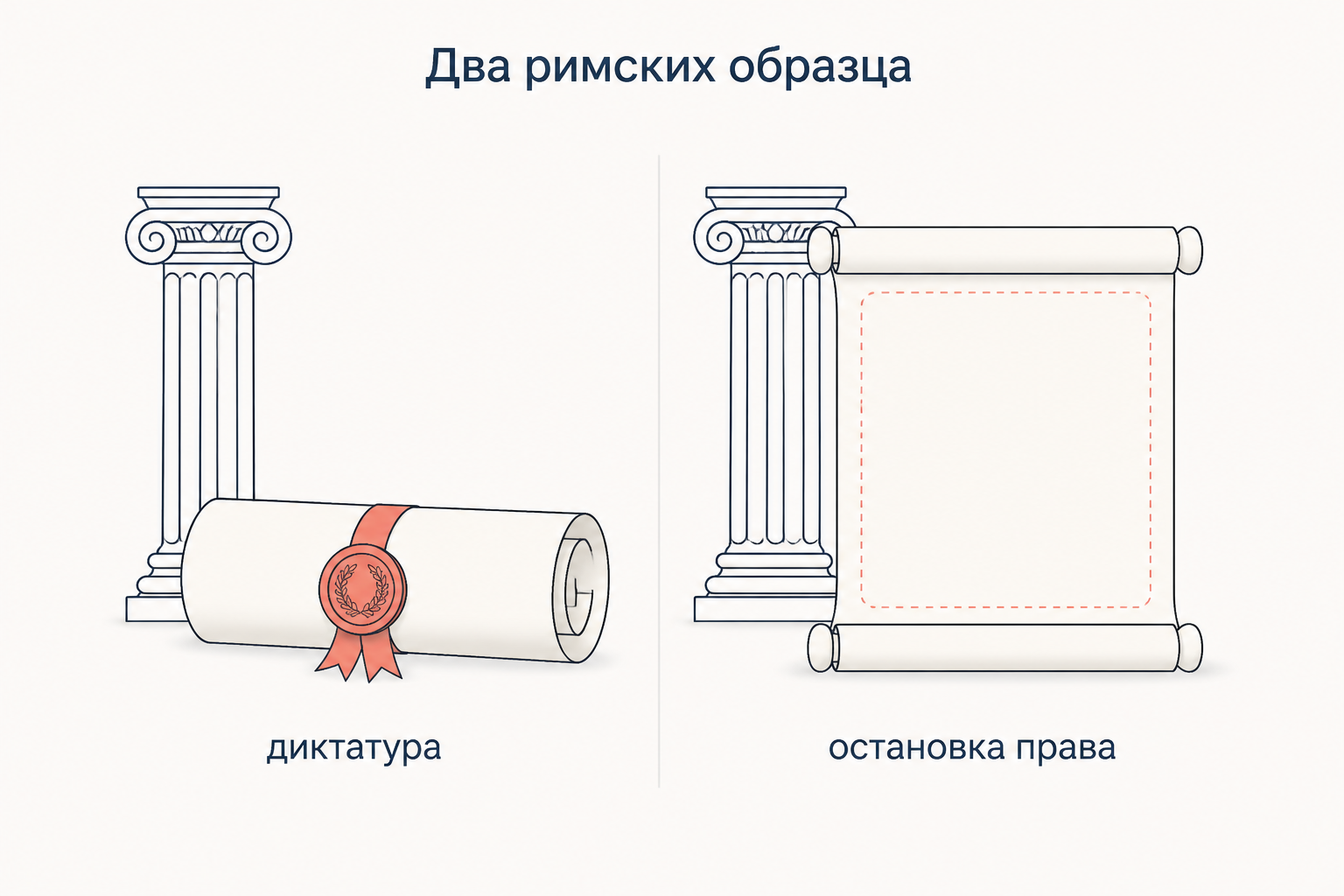 Два римских образца: диктатура наделяет полномочиями, iustitium оставляет право пустым