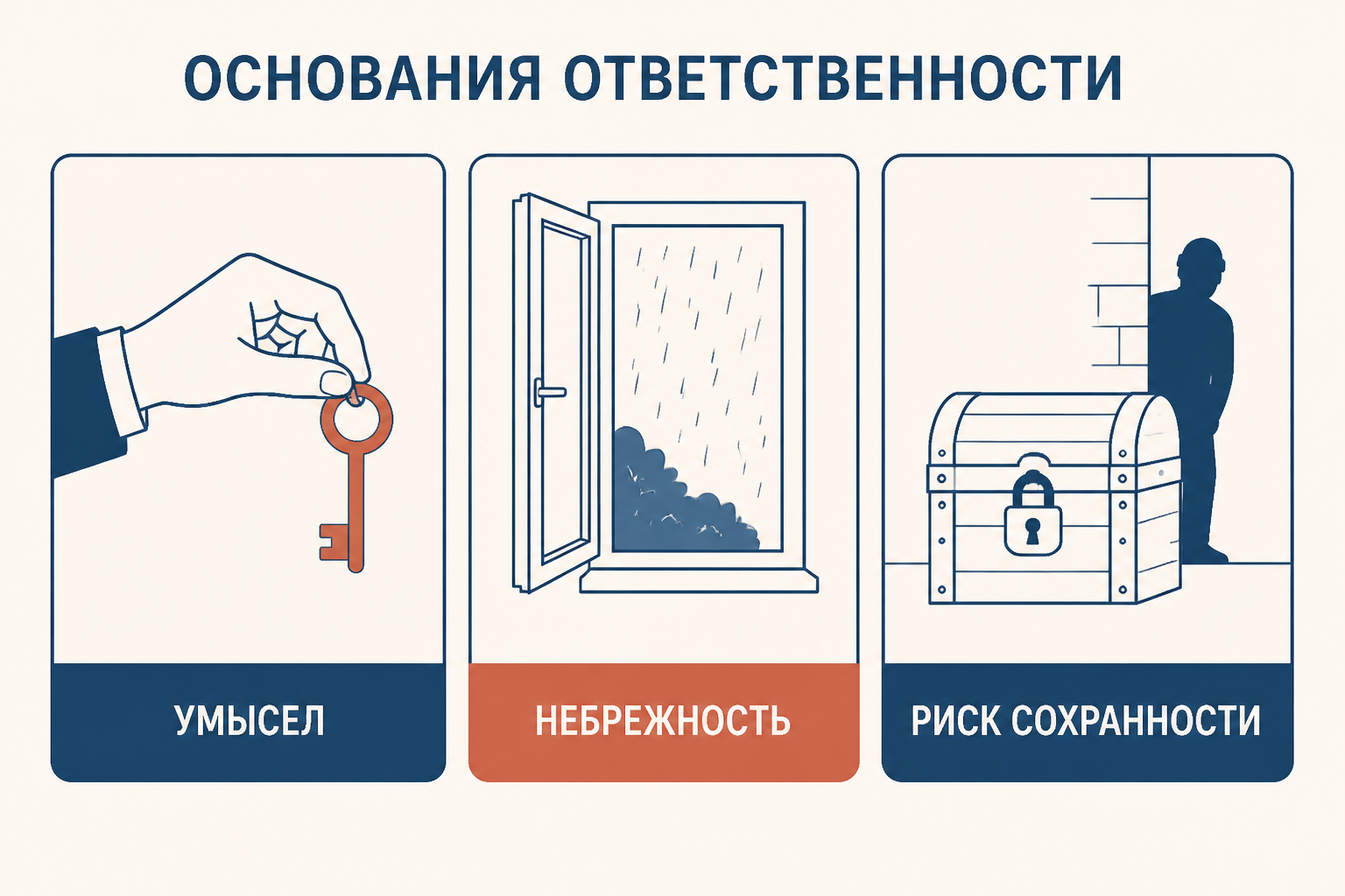Сравнение оснований ответственности: dolus связан с умыслом, culpa с небрежностью, а custodia с распределением риска сохранности вещи