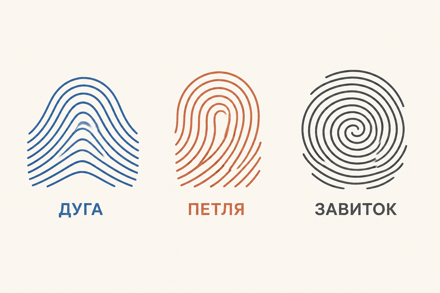 Схема трёх основных типов папиллярных узоров