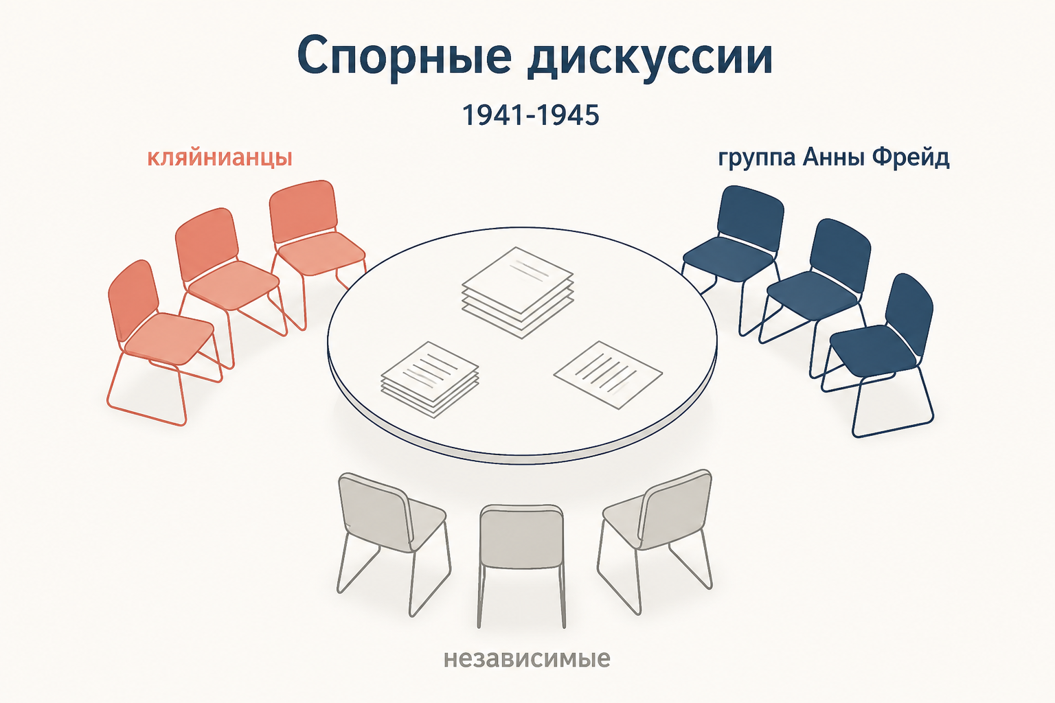 Итог Спорных дискуссий: в Британском психоаналитическом обществе сложились три группы - кляйнианцы, группа Анны Фрейд и независимые, - с раздельными программами обучения.