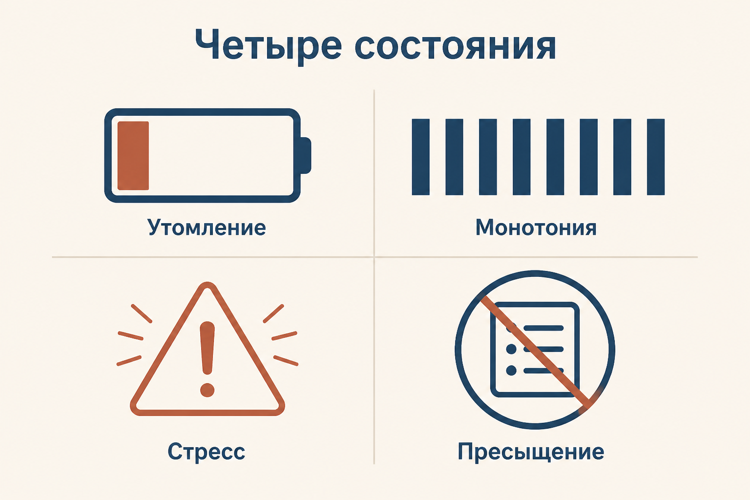 Четыре функциональных состояния: утомление, монотония, стресс и психическое пресыщение