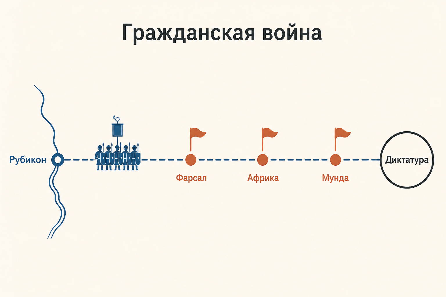 Карта-схема перехода от гражданской войны к диктатуре Цезаря: Рубикон, Фарсал и Африка