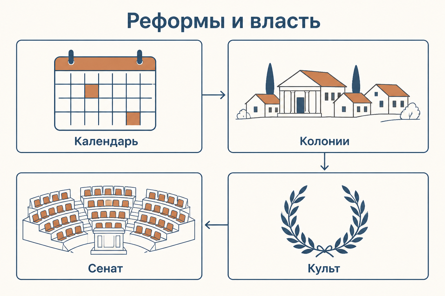 Схема реформ Цезаря: календарь, колонии, сенат и управление провинциями