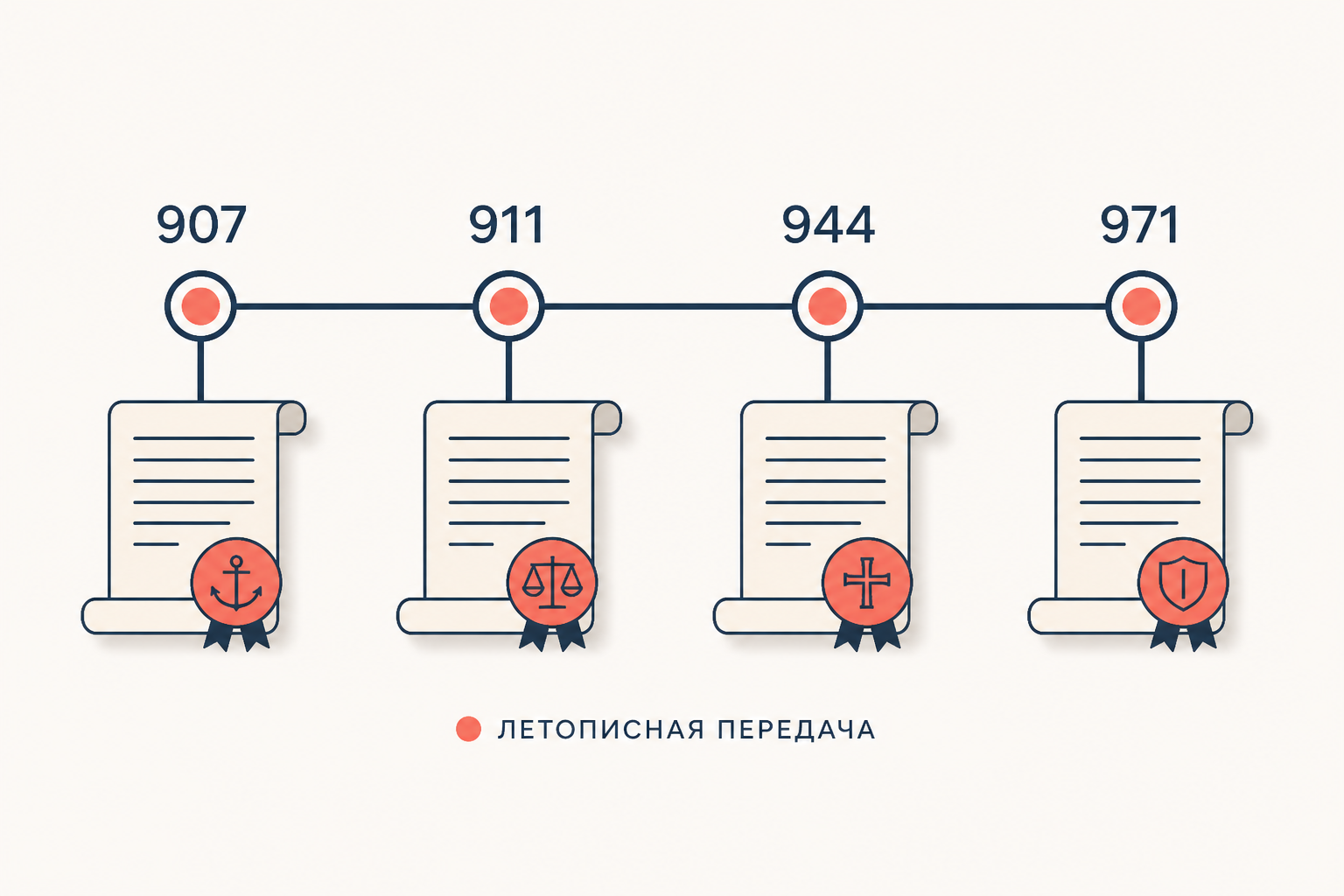Четыре летописные даты договоров: 907, 911, 944 и 971 на одной линии времени