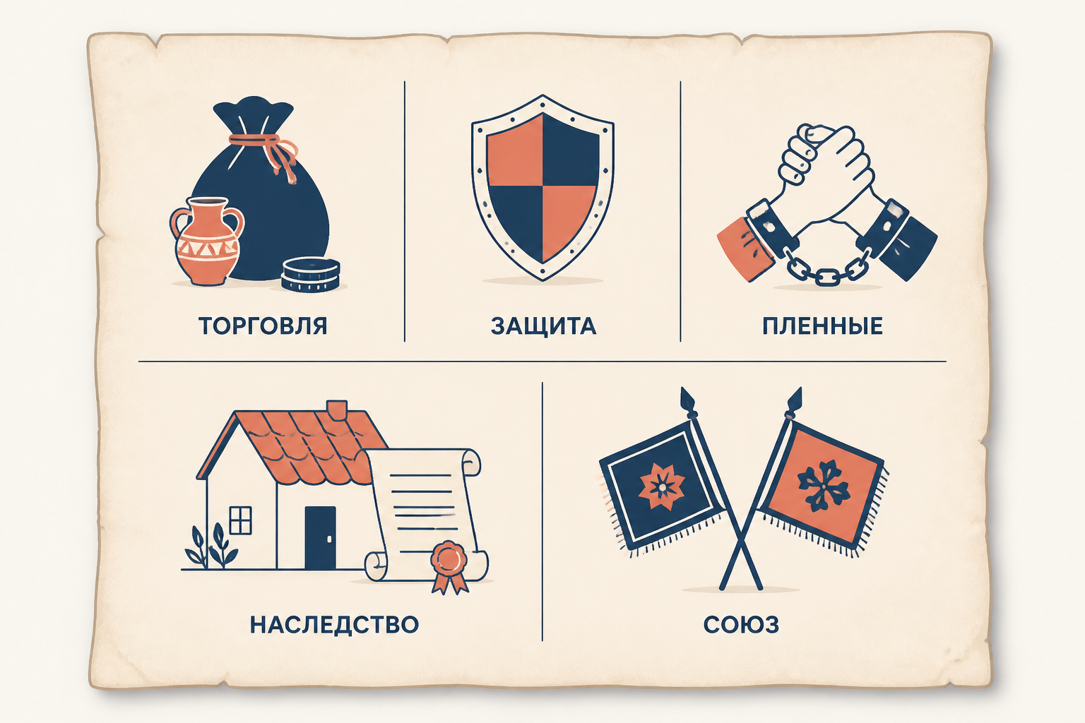 Схема блоков договора: торговля, защита людей и имущества, пленные, служба и клятва