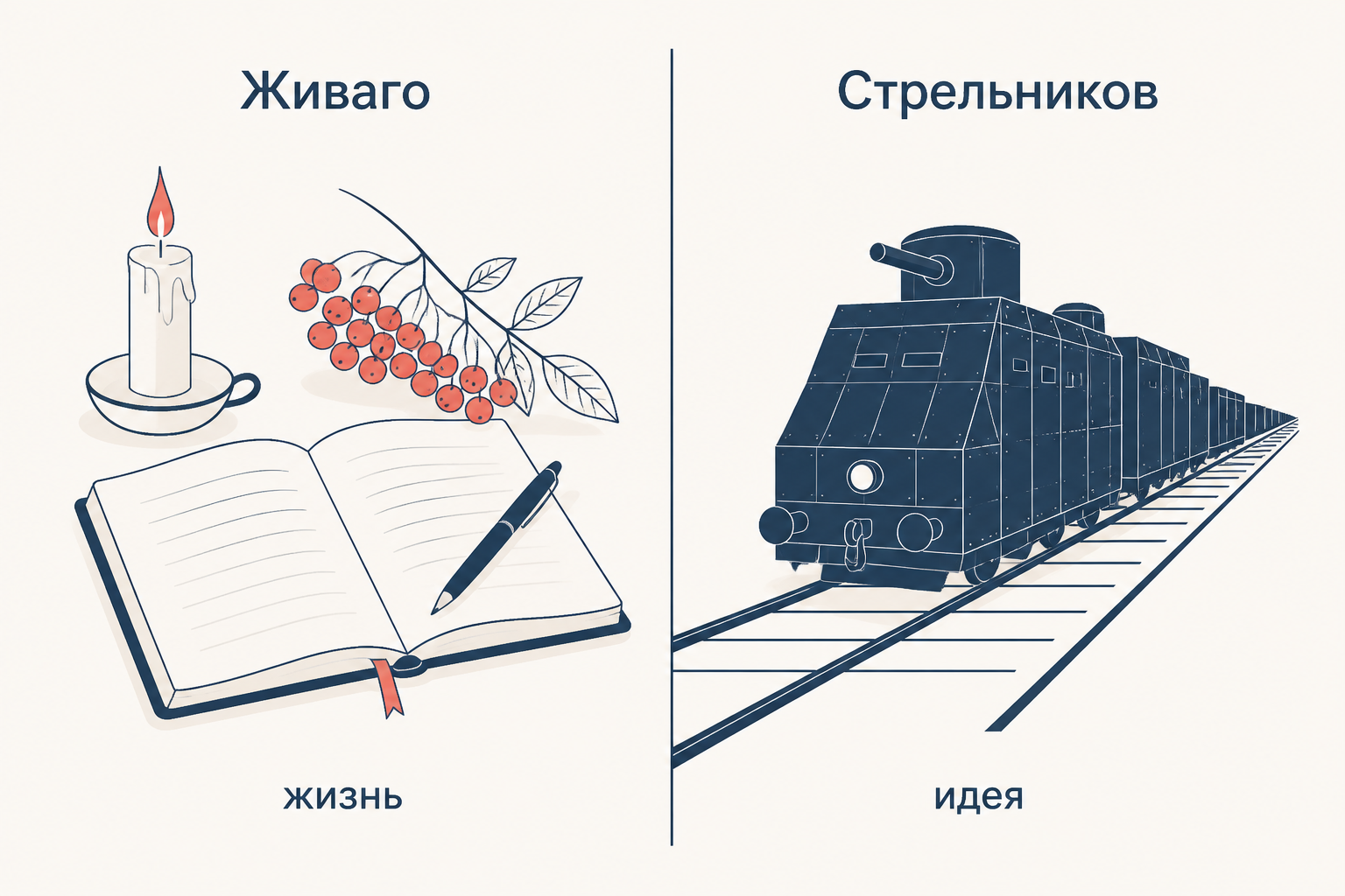 Живаго и Стрельников: живая линия тетради и свечи против жёсткой прямой рельсов бронепоезда