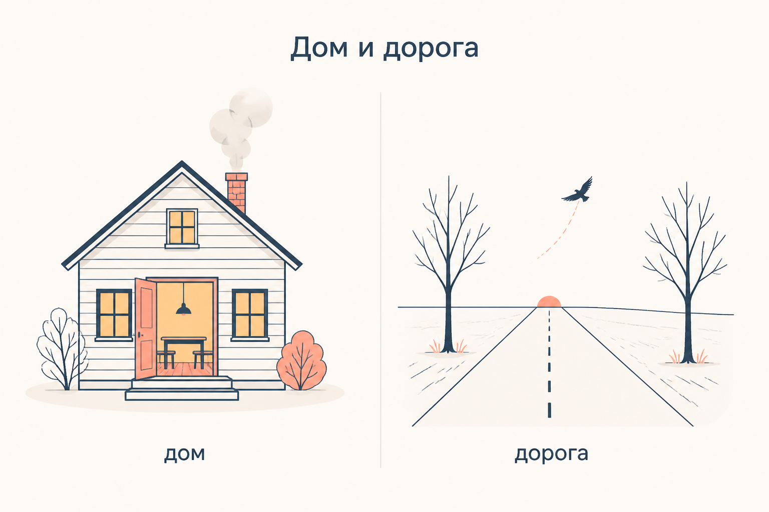 Два образа заглавия: изба с очагом и уходящая за горизонт дорога, подписи под каждым из двух образов.