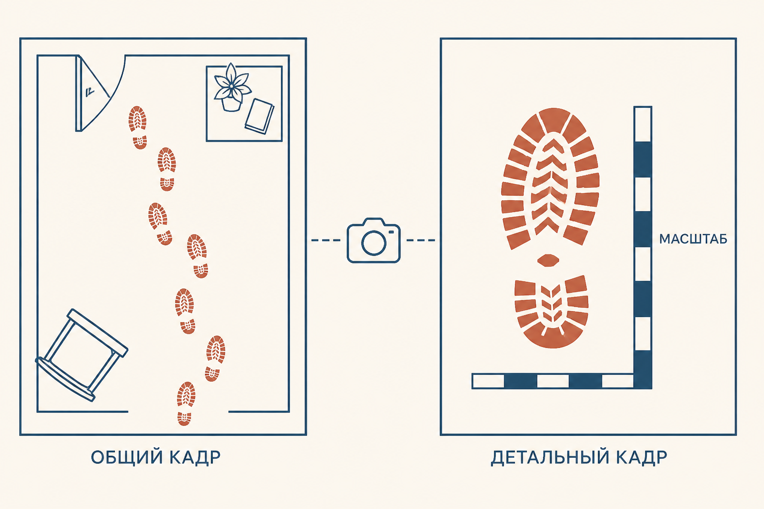 Фиксация дорожки следов на месте: общий кадр и масштаб